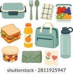 Flat vector illustration collection featuring lunch essentials including lunch box, sandwich, drink bottle, fruit, backpack, utensils, and reusable food containers isolated on a white background.