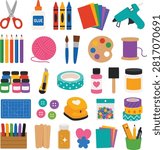 Flat vector illustration collection featuring art and craft supplies including paint, brushes, scissors, glue, pencils, markers, and creative tools isolated on a white background.