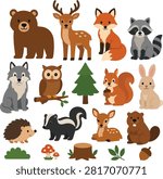 Flat vector illustration collection featuring woodland animals including bear, deer, fox, raccoon, owl, squirrel, rabbit, hedgehog, and forest wildlife isolated on a white background.