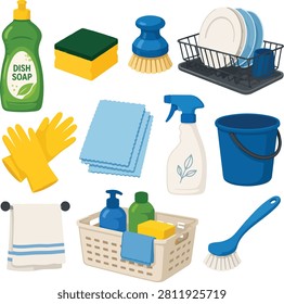 Flat vector illustration collection featuring household cleaning supplies including dish soap, sponge, gloves, bucket, spray bottle, brush, and dish rack isolated on a white background.