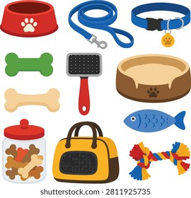 Flat vector illustration collection featuring pet care supplies including dog bowl, leash, collar, pet carrier, grooming brush, toys, and pet accessories isolated on a white background.