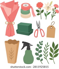 Flat vector illustration collection featuring floral gift wrapping supplies including bouquet, ribbon, flowers, gift bag, wrapping paper, and decorative greenery isolated on a white background.