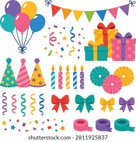 Flat vector illustration collection featuring party decorations including balloons, gift boxes, bunting, confetti, ribbons, bows, hats, and festive accessories isolated on a white background.