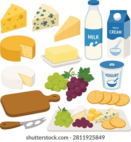 Flat vector illustration collection featuring dairy products, cheese, crackers, fruits, herbs, and serving ingredients isolated on a white background.