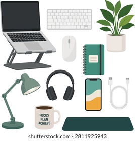 Flat vector illustration collection featuring a modern office workspace with laptop, monitor stand, keyboard, desk lamp, smartphone, headphones, and indoor plant isolated on a white background.