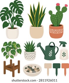 Flat vector illustration collection featuring indoor houseplants including monstera, cactus, snake plant, succulents, and decorative potted plants isolated on a white background.