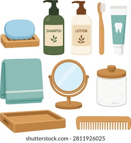 Flat vector illustration collection featuring personal care products including soap, shampoo, lotion, towel, mirror, comb, and skincare essentials isolated on a white background.