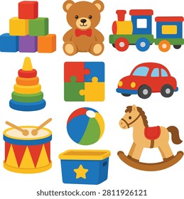 Flat vector illustration collection featuring colorful children's toys including blocks, teddy bear, train, car, drum, rocking horse, ball, and stacking rings isolated on a white background.