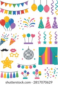 Flat vector illustration collection featuring party decorations including balloons, bunting, confetti, candles, streamers, cocktails, and celebration accessories isolated on a white background.