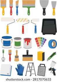 Flat vector illustration collection featuring painting supplies including paint brushes, rollers, paint cans, trays, scrapers, gloves, and decorating tools isolated on a white background.