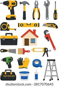 Flat vector illustration collection featuring construction tools including drill, hammer, screwdriver, ladder, saw, wrench, measuring tape, and repair equipment isolated on a white background.