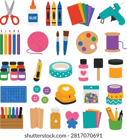 Flat vector illustration collection featuring art and craft supplies including paint, brushes, scissors, glue, pencils, markers, and creative tools isolated on a white background.
