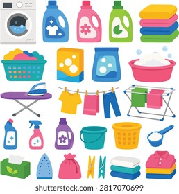 Flat vector illustration collection featuring laundry and household cleaning supplies including washing machine, detergent, basket, bucket, clothespins, and cleaning accessories isolated on a white background.