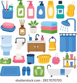 Flat vector illustration collection featuring household cleaning and bathroom supplies including cleaning products, toilet brush, bucket, sponge, spray bottle, and hygiene accessories isolated on a white background.