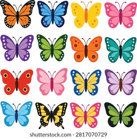 Flat vector illustration collection featuring colorful butterfly species with decorative wing patterns isolated on a white background.