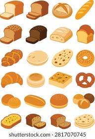 Flat vector illustration collection featuring assorted bread, rolls, pastries, buns, and baked goods isolated on a white background.