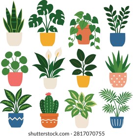 Flat vector illustration collection featuring indoor houseplants including monstera, snake plant, succulents, cactus, and decorative potted plants isolated on a white background.