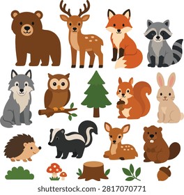 Flat vector illustration collection featuring woodland animals including bear, deer, fox, raccoon, owl, squirrel, rabbit, hedgehog, and forest wildlife isolated on a white background.