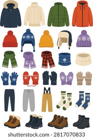 Flat vector illustration collection featuring winter clothing including jackets, sweaters, hats, gloves, scarves, boots, and seasonal apparel isolated on a white background.