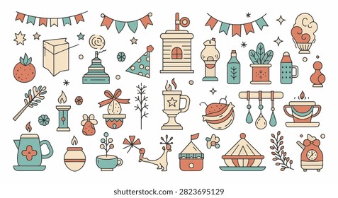 Flat vector illustration collection featuring festive bunting, party hats, potted plants, candles, tea pots, and decorative lifestyle icons in muted teal and terracotta tones on white background.