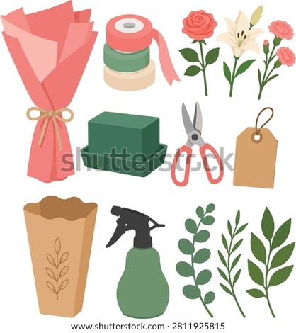 Flat vector illustration collection featuring floral gift wrapping supplies including bouquet, ribbon, flowers, gift bag, wrapping paper, and decorative greenery isolated on a white background.
