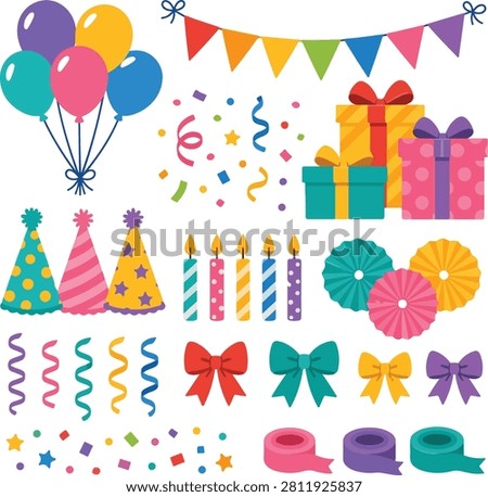 Flat vector illustration collection featuring party decorations including balloons, gift boxes, bunting, confetti, ribbons, bows, hats, and festive accessories isolated on a white background.