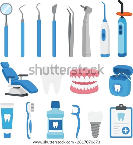 Flat vector illustration collection featuring dental care tools including toothbrush, dental mirror, dental chair, toothpaste, floss, and oral hygiene equipment isolated on a white background.