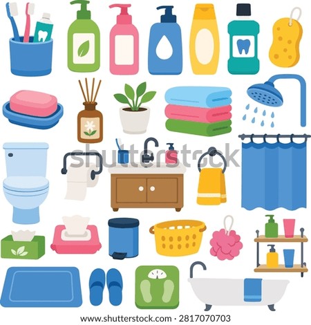 Flat vector illustration collection featuring household cleaning and bathroom supplies including cleaning products, toilet brush, bucket, sponge, spray bottle, and hygiene accessories isolated on a white background.