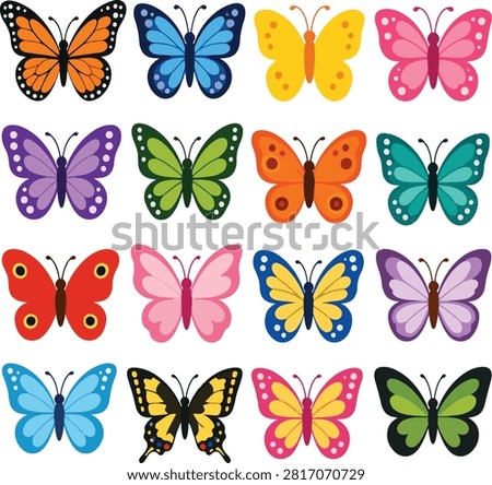 Flat vector illustration collection featuring colorful butterfly species with decorative wing patterns isolated on a white background.