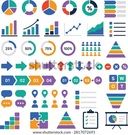 Flat vector illustration collection featuring business analytics icons including charts, graphs, dashboards, reports, finance, and data visualization elements isolated on a white background.