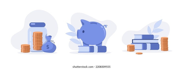 Flat, сartoon, vector Illustration collection. Make money, piggy bank, studying. Business and finance, saving money concept. Career, salary, coin, earnings profit, investment set.