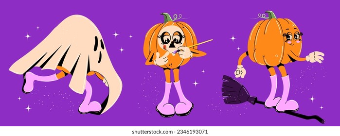  Flat vector illustration with a collection of retro 70s characters. Spooky funny characters of a cute pumpkin. Concept of groovy halloween stickers.