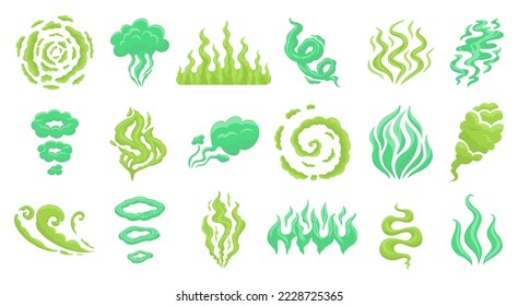 Colección de ilustraciones vectoriales planas de nubes opacas, vapor de rastro tóxico, humo químico. Funny nube tóxica de dibujos animados. Varios elementos de diseño vectorial de forma aislados en blanco.