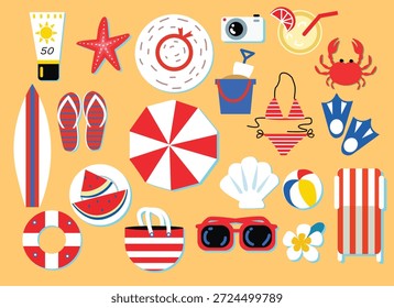 Uma coleção de ilustrações vetoriais planas de fundamentos básicos de praia de verão, incluindo prancha de surfe, protetor solar, chinelos, óculos escuros, guarda-chuva de praia e lanches tropicais. Perfeito para cartazes de viagem, banners de venda de verão e projetos gráficos com temas de férias.