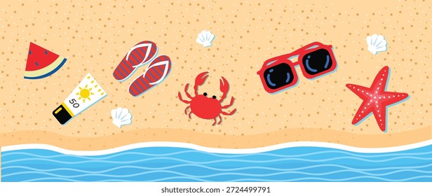 Una colección de Ilustración vectorial plana de elementos esenciales de la playa de verano que incluyen una tabla de surf, protector solar, chanclas, gafas de sol, una sombrilla de playa y aperitivos tropicales. Perfecto para carteles de viaje, Anuncios de venta de verano y Diseños gráficos temáticos de vacaciones.