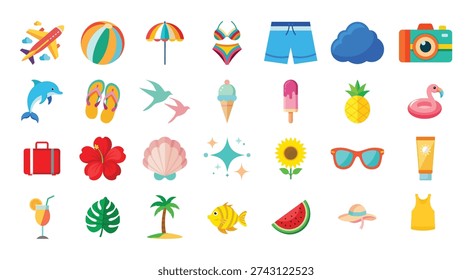 Flat vector illustration collection. Sun holidays tourism symbols. Colorful seasonal travel objects isolated on white.