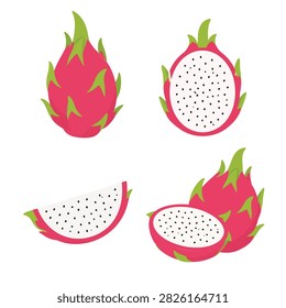 Una colección de Ilustración vectorial plana de fruta de dragón rosa vibrante (pitaya) con una fruta entera, una mitad cortada que muestra carne blanca con semillas negras, una rodaja de cuña y una fruta entera con una sección en rodajas. Gráficos modernos y limpios perfectos para empaques de batidos tropicales, marcas de jugos de frutas, infografías de alimentación saludable y menús de comida.