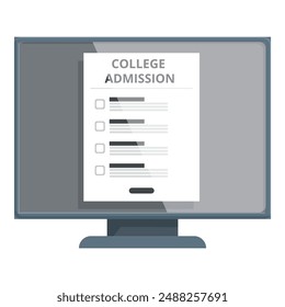 Flat vector illustration of a college admission application form displayed on a computer monitor