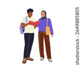Flat Vector Illustration of College Students Reading a Book Together. Illustrations for websites, landing pages, mobile apps, posters and banners