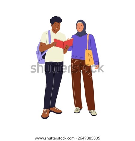 Flat Vector Illustration of College Students Reading a Book Together. Illustrations for websites, landing pages, mobile apps, posters and banners