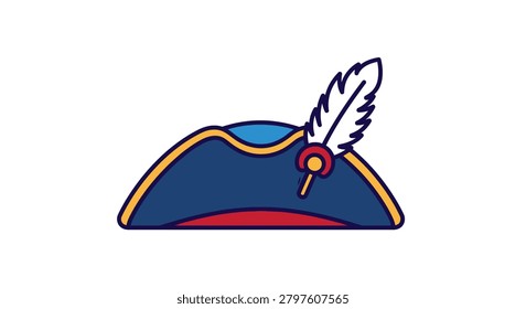 A flat vector illustration of a colonial era tricorn hat in blue with a decorative white feather and golden trim on a white background