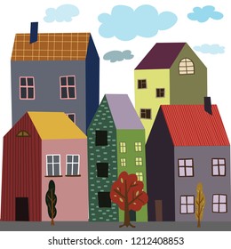 Flat vector illustration with colored houses. can be printed on postcards, flyers, posters.
