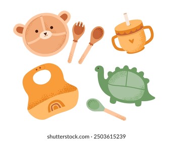 Ilustración vectorial plana de un juego de vajilla de bebé colorido. Plato, cuchara y taza para niños a la hora de comer y platos para niños pequeños.