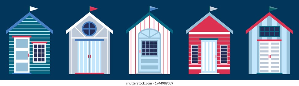 Flat vector illustration of colorful beach huts in row isolated on dark blue background. Concept of summer vacation in surfhouse. Beach cabins with flags.