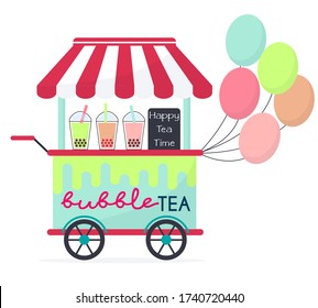 Flat vector illustration of colorful bubble tea cart with balloons. Asian famous pearl milk tea drinks sale trolley.