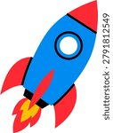 Flat Vector Illustration of a Colorful Cartoon Rocket Ship Blasting Off