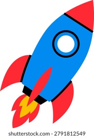 Flat Vector Illustration of a Colorful Cartoon Rocket Ship Blasting Off