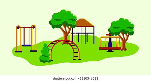 Flat vector illustration of a colorful children's playground featuring swings, climbing arch, merry go round, trees and a play tower in a green park setting.