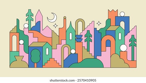 Flat vector illustration of a colorful city. Cityscape with houses, arches, circles, stairs, trees and various architectural elements.