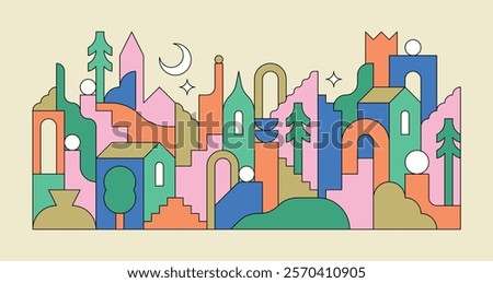 Flat vector illustration of a colorful city. Cityscape with houses, arches, circles, stairs, trees and various architectural elements.
